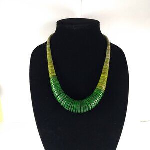 Green Flat Bead Ombre Statement Necklace Silver Tone Hardware Adjustable Bold
